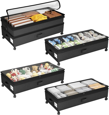 Kitstorack 4 Pack Height-adjustable Under Bed Storage with Wheels, Under Bed Storage Containers,Under Bed Shoe Storage Organizer with Clear Window&Label, Suitable for Clothes Storage, Black