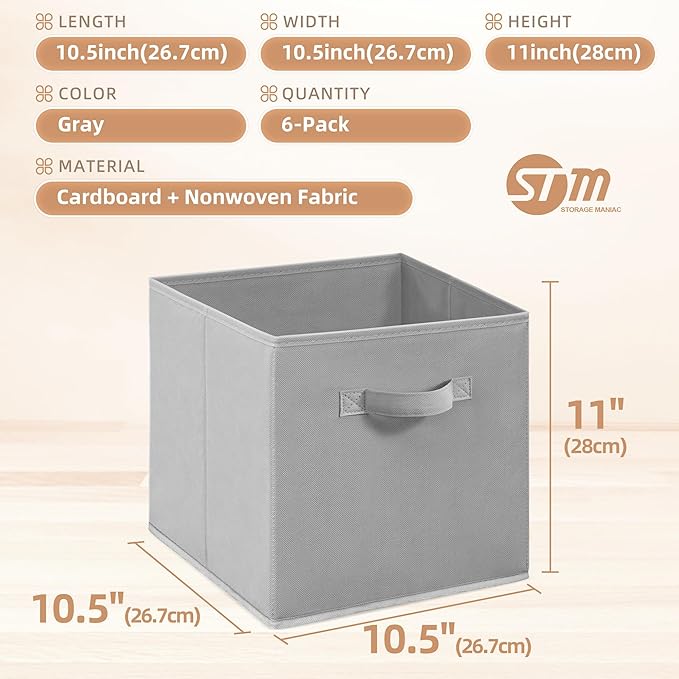 Storage Cubes - STORAGE MANIAC, 11 Inch Collapsible Storage Bins with Handles, 6 Pack Fabric Foldable Bins for Organization, Durable Storage Bins for Closet, Shelves, Offices, Toys, Grey