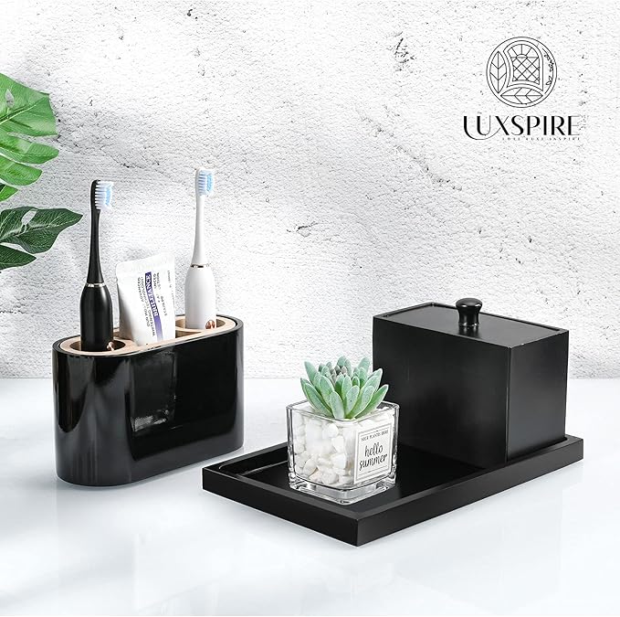 Luxspire Bathroom Vanity Tray, Resin Dresser Jewelry Ring Dish Tank Storage Kitchen Sink Countertop Organizer Plate Holder for Perfume Candles Soap Towel Plant Bathroom Accessories, M, Matte Black