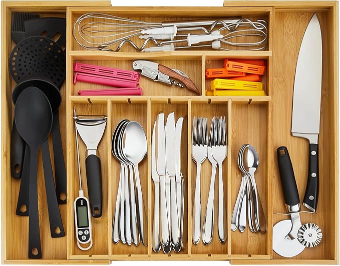 Night Tree 2.5” Extra Deep Silverware Drawer Organizer with Adjustable Dividers – Expandable Bamboo Flatware Tray for Kitchen, Reinforced Wood Cutlery Holder (14"-21.6" Wide)