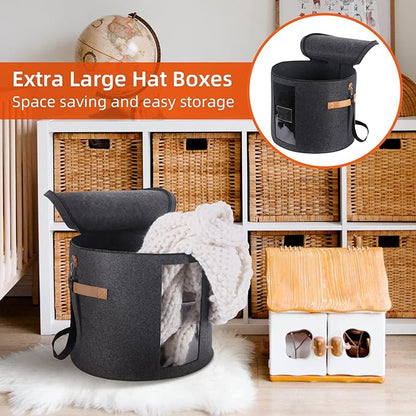 Large Hat Storage Box 19'' Hat Box for Large Hats, Hat Boxes for Women Storage Round Hat Boxes for Men Foldable Storage Box with Lid Felt Stuffed Animal Toy Storage Bin with Lid, Dark Gray