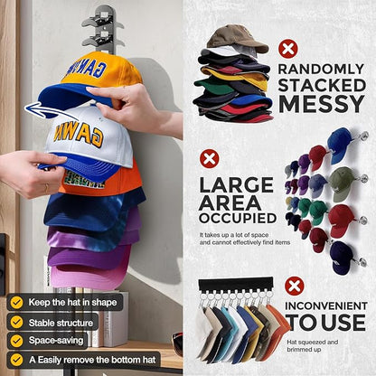 Hat Hook for Wall, 2 Pack Hat Organizer Hold up to 20 Hats,Hat Holder with Strong Adhesive and 8 Pack Screws, Cap Holder Hat Hangers for Wall Closet Door and Bedroom(B-Black)
