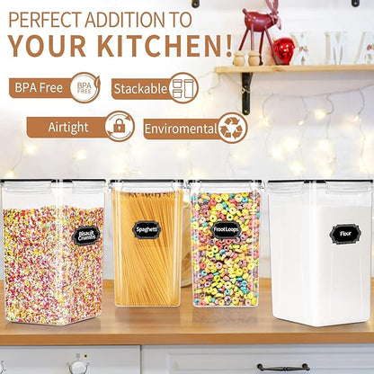 PRAKI Extra Large Tall Airtight Food Storage Containers 6.5L / 220oz, BPA Free, 4pcs Pantry Kitchen Organizers and Storage for Flour, Sugar, Plastic Flour Container with 20 Labels & Maker