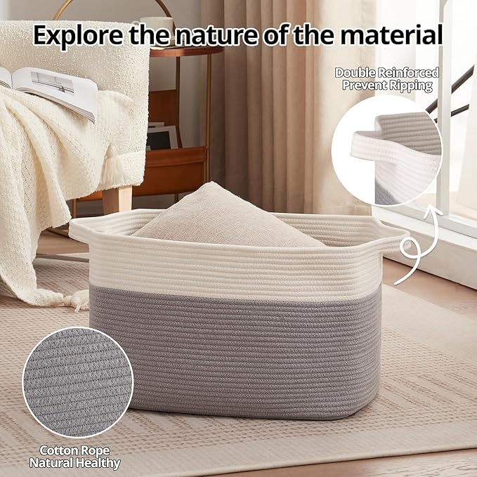 OIAHOMY Large Blanket Basket, 65L Cotton Rope Woven Laundry Basket, Toy Bin for Baby Room, Container for Blanket Storage in Living Room, 20''×16''×12'', Grey & White