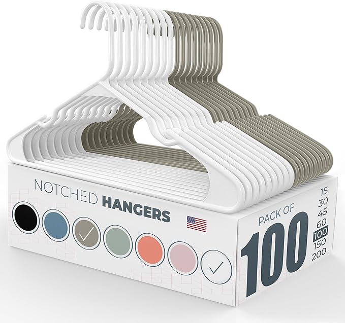 Plastic Hangers 100 Pack – Made in The USA – 6lb Capacity Standard Clothes Hangers with Notches and Reinforced Edges for Dresses, Lingerie, Shirts, Pants, and Jackets – White & Gray