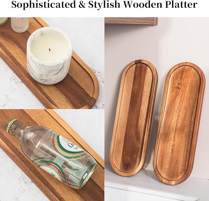Wooden Vanity Bathroom Trays 2PCS - Wooden Trays for Decor, Countertop and Vanity Tray, Dish Soap Trays for Kitchen Counter, Sink Organizer Accessories Caddy, Toilet Laundry Shower Makeup Holder