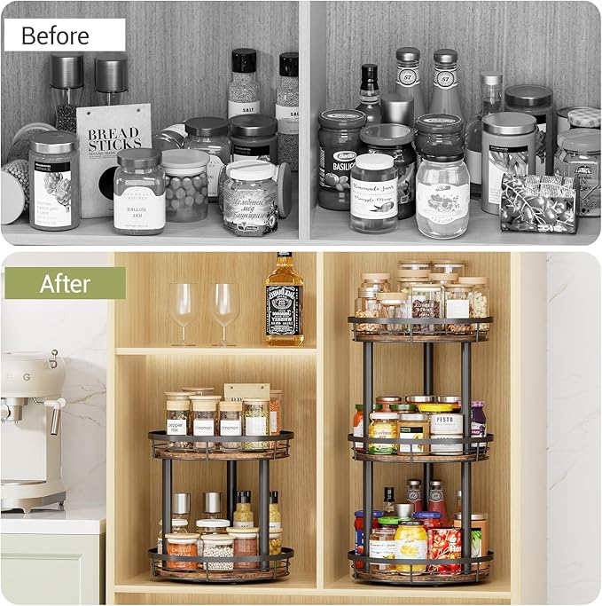 LAMU 12'' Wood Lazy Susan Spice Rack Organizer, 3 Tier Spice Organization for Cabinet, Countertop, Kitchen, Table Top, Pantry, Condiment and Seasoning Rack Organizer