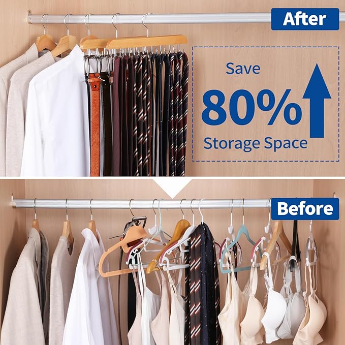 Belt Hanger for Closet, 2 Pack Closet Organizers and Storage Belt Rack Max 48 Belts, Multifunction Wooden Hanger Tie Rack