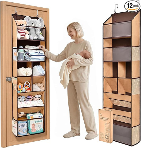 6-in-1 Over Door Hanging Organizer, Versatile Storage Over Door Organizer with 12 Mesh Pockets, 44 lbs Weight Capacity Hanging Storage Organizer for Bedroom, Bathroom,Behind Door,Brown