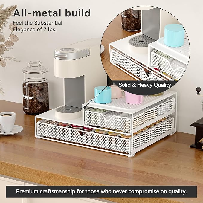 K Cup Organizer for Countertop - Solid Metal 60 Coffee Pod Holder Storage Drawer, Reinforced Steel Stand Compatible with Keurig K-Cup Pods, Anti-Vibration & No-Sag Design, No Assembly Required (White)