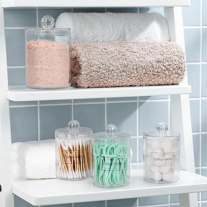 novelinks Acrylic Plastic Qtip Holder Dispenser, Apothecary Jar Canister Set with Lids for Cotton Swabs, Balls, Round Pads & Floss Picks - Bathroom Vanity Makeup Organizer (Clear, 4 Pack)