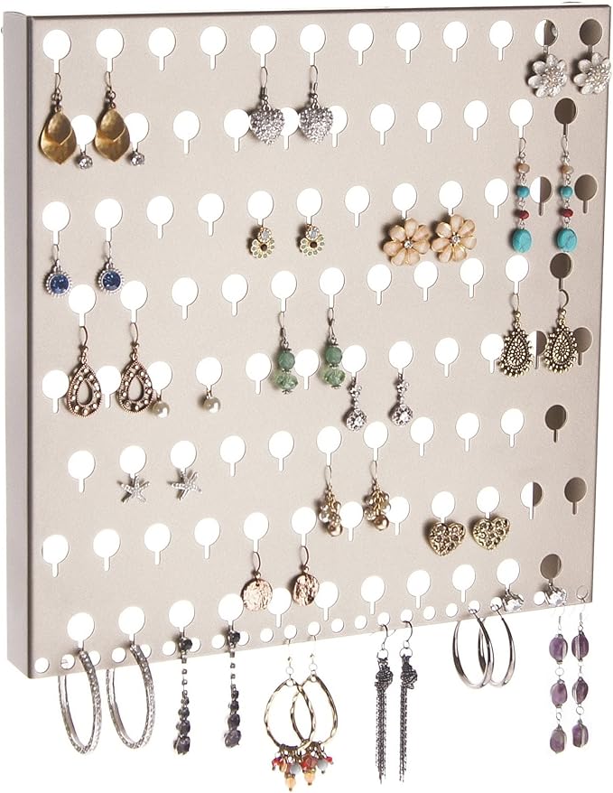 Angelynn's Wall Mounted Earring Holder Organizer Display for Small and Medium Women Post Stud Dangle Pierced Earrings, Hanging Closet Jewelry Storage Rack, Sariea Satin Nickel Silver 12"x12"