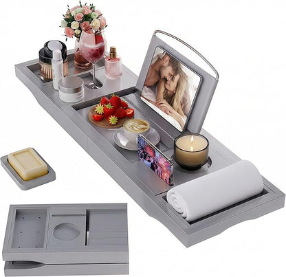 Foldable Bathtub Caddy Tray, Bamboo Bath Tub Tray Table for Tub with Wine Glass Holder Book Phone Tablet Holder with Extending Sides, Adjustable Bathroom Bathtub Free Soap Holder Gift Idea (Grey)
