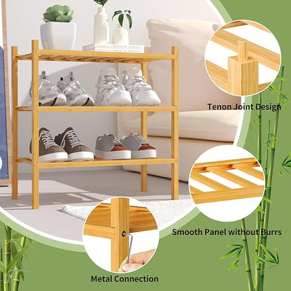ROMGUAR CRAFT 3-Tier Bamboo Small Shoe Rack, Free Standing Wood Shoe Shelf Storage Organizer for Closet Entryway Stackable (Natural)