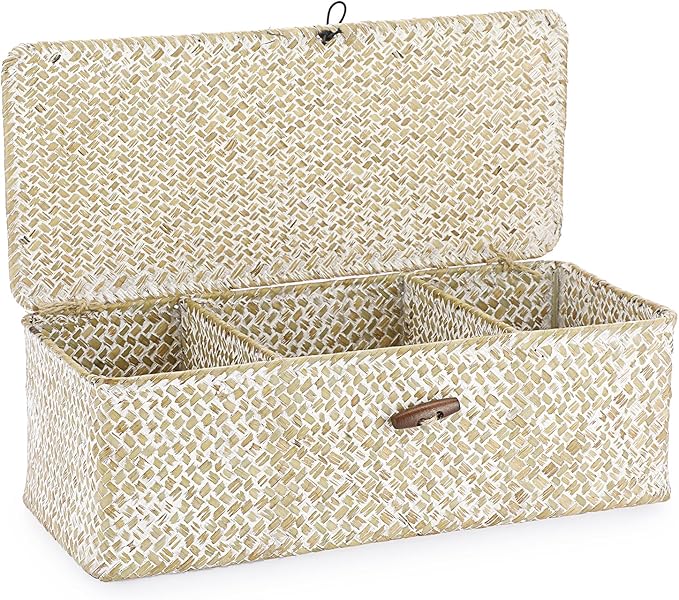 Hipiwe Seagrass Storage Basket Bin 3 Sections Hand-Woven Wicker Baskets with Lid Bathroom Basket Toilet Tank Baskets Holder for Organize Snack Tissue, Whitewash