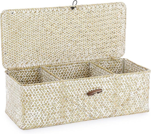 Hipiwe Seagrass Storage Basket Bin 3 Sections Hand-Woven Wicker Baskets with Lid Bathroom Basket Toilet Tank Baskets Holder for Organize Snack Tissue, Whitewash