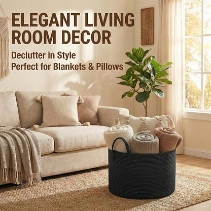 JMvicyroam 65L Extra Large Blanket Basket for Living Room - Woven Cotton Rope Laundry Hamper with Reinforced Handles - Storage Bin for Pillows, Comforters & Toys - Machine Washable,Black