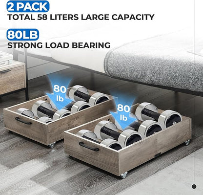 TIOPGHAD Under Bed Storage with Wheels, 2-Pack Under Bed Shoe Storage Organizer Drawer, Composite Wood Particleboard Organizer for Shoes Clothes Containers in Bedroom for Clothes,Shoes(Brownish-Gray)