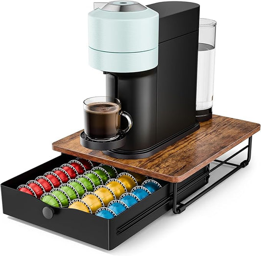 EVERIE Coffee Pod Holder Drawer, Compatible with Nespresso Vertuo Capsules, Holds 40 Large or 52 Small Pods, Flexible Slots for 4 Capsule Sizes, Rustic Brown Countertop Organizer, 15.6" Dx13 Wx3.7 H