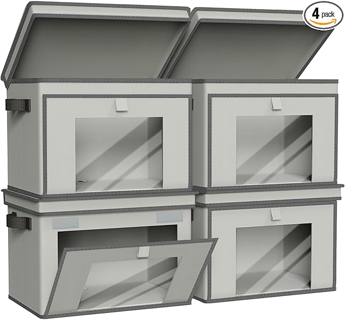 Univivi Storage Bins with Lids, Large Closet Organizers and Storage with Handles & Window, Foldable Fabric Storage Boxes with Lids for Home, Closet, Bedroom, 4 Pack, (Gray, 16.5“ x 12” x 12")