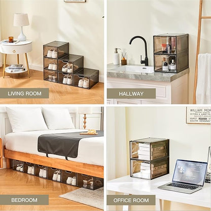 6PCS Magnetic Door Transparent Shoe Box, Stackable Space-Saving Organizer for Bedroom/Bathroom/Closet/Entryway