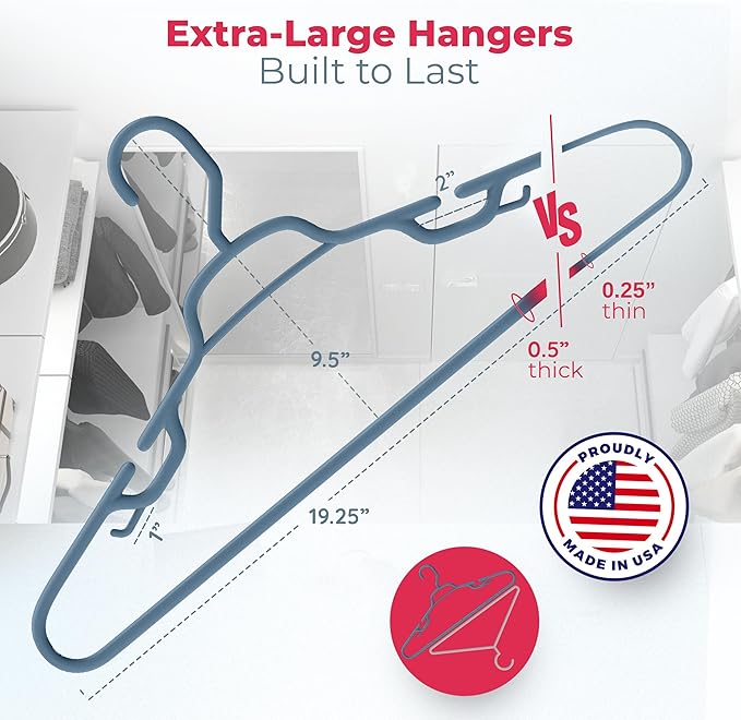 Large & Wide Heavy Duty Clothes Hangers 30 Pack – Made in USA – Ideal for Plus Size Clothing – 10lb Plastic Hangers with Notches for Oversized Adult Coats & Pants – Blue