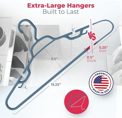 Large & Wide Heavy Duty Clothes Hangers 50+ Pack (72 Count) – Made in USA – Ideal for Plus Size Clothing – 10lb Plastic Hangers with Notches for Oversized Adult Coats & Pants – Blue