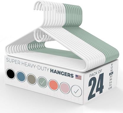 Super Heavy Duty Clothes Hangers 20 Pack (24 Count) – Made in the USA - 10lb Capacity, Thick Plastic Hangers for Pants, Coats, Jackets, Jeans and Adult Clothing – White & Mint
