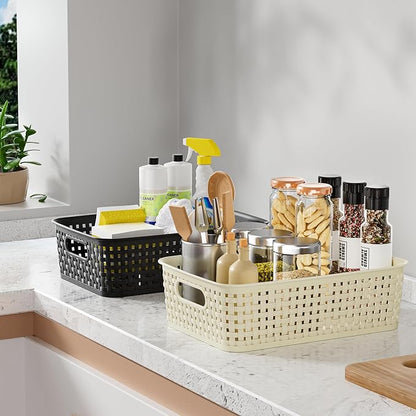 FUCDTEFC Black Plastic Basket, 8 Pack Home Organization and Storage Baskets with Handles, Space Saving Woven Organizer Bins Plastic Storage Basket for Organizing Cabinets,Closets, Shelves, Countertops