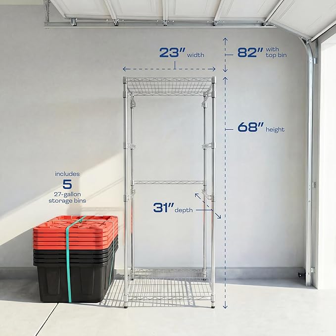 MonsterRAX WS-BR27-Z5 Bin Rack with 5-Pack 27 Gallon Storage Totes, Stackable & Lockable, Red Lid/Black Bin