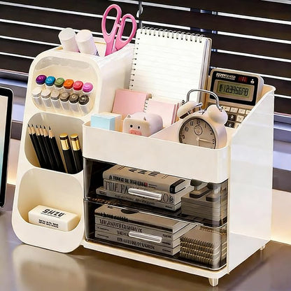 Makeup Organizer Countertop, Spacious Cosmetic Display Case with Makeup Brush Holder, Perfect Vanity Bathroom Organizer and Storage, White