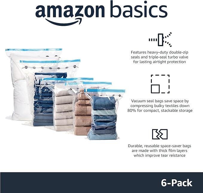 Amazon Basics Vacuum Storage Bags for Clothing, Multiple Sizes Compression Zipper Bags with Hand Pump for Space Saving and Travel, 6-Pack (2 Medium, 2 Large, 2 Jumbo), Transparent