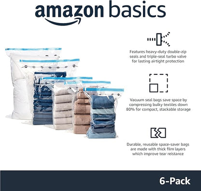 Amazon Basics Vacuum Storage Bags for Clothing, Multiple Sizes Compression Zipper Bags with Hand Pump for Space Saving and Travel, 6-Pack (2 Medium, 2 Large, 2 Jumbo), Transparent