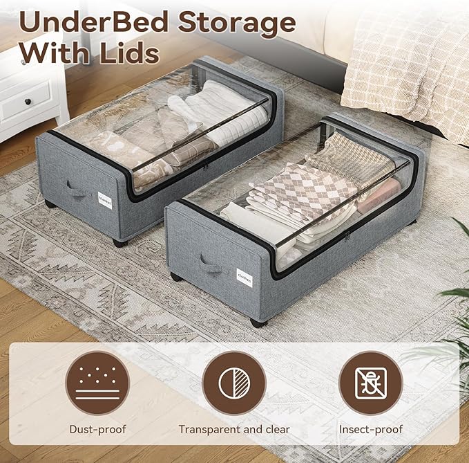 Under Bed Storage, Tall Size Under Bed Storage With Wheels, Under bed Shoe Storage, Metal Frame, 90L Capacity, Storage Drawers for Bedroom