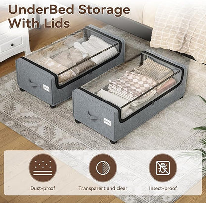 Under Bed Storage, Tall Size Under Bed Storage With Wheels, Under bed Shoe Storage, Metal Frame, 90L Capacity, Storage Drawers for Bedroom