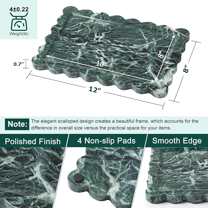 Real Natural Scalloped Green Marble Tray for Bathroom, Vanity, Kitchen and Desktop, Decorative Stone Tray for Jewelry, Cosmetics, Candles, Lotion, Perfume and Home Decor (12" L x 8" W)