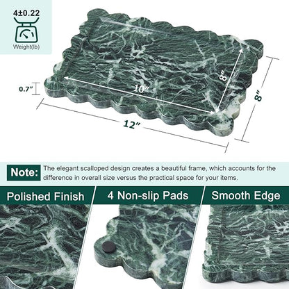 Real Natural Scalloped Green Marble Tray for Bathroom, Vanity, Kitchen and Desktop, Decorative Stone Tray for Jewelry, Cosmetics, Candles, Lotion, Perfume and Home Decor (12" L x 8" W)