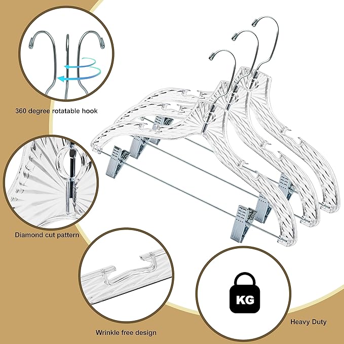 Quality Clear Plastic Skirt Hangers - 24 Pack Crystal Cut Pants Dress Durable Plastic Hanger Set with Adjustable Clips - Heavy Duty Hangers