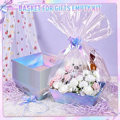 AFOROEOA 20PACK Laser Baskets For Gifts Empty, 12x10x4” Holographic Iridescent Gift Basket Kit with 20 Bows & 20 Bags - Bulk Empty Gift Baskets to Fill for Large Weddings, Parties