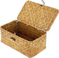 Hipiwe Wicker Shelf Baskets Bin with Lid, Handwoven Seagrass Basket Storage Bins Rectangular Household Basket Boxes for Shelf Wardrobe Home Organizer, Caramel X-Small