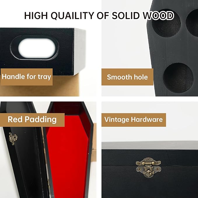Gothic Coffin Storage Box Set 3 Pack - Spooky Dark Aesthetic Vanity Organizer, Wooden Makeup Jewelry Kit with Tray, Lipstick Holder & Jewelry Box