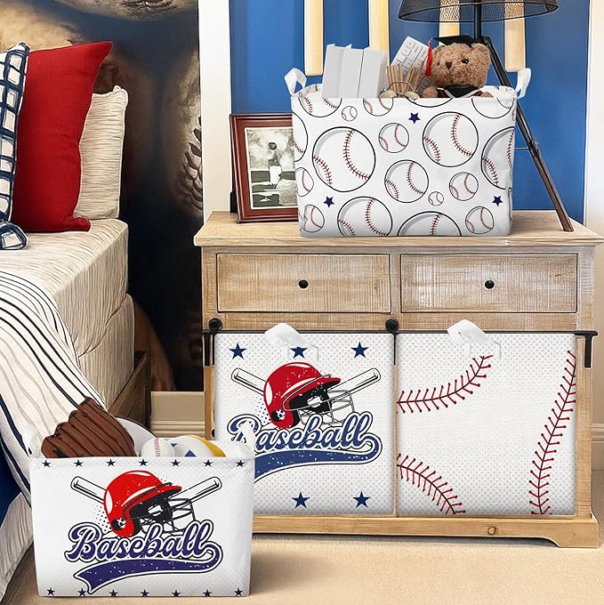 CHENGU 3 Pcs Baseball Baskets Storage Baseball Basket for Gifts Collapsible Waterproof Canvas Cube Sports Storage Bin Organizer with Handles for Clothes Toys Balls Shelf Nursery Boxes Decor
