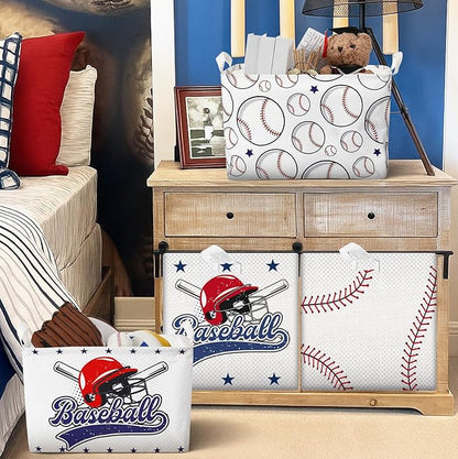 CHENGU 3 Pcs Baseball Baskets Storage Baseball Basket for Gifts Collapsible Waterproof Canvas Cube Sports Storage Bin Organizer with Handles for Clothes Toys Balls Shelf Nursery Boxes Decor