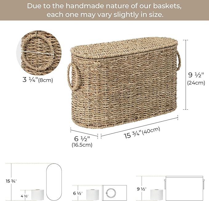 StorageWorks Toilet Paper Storage with Lid, Toilet Paper Storage Holder for 6 Regular Rolls, Wicker Basket for Bathroom, Natural Seagrass