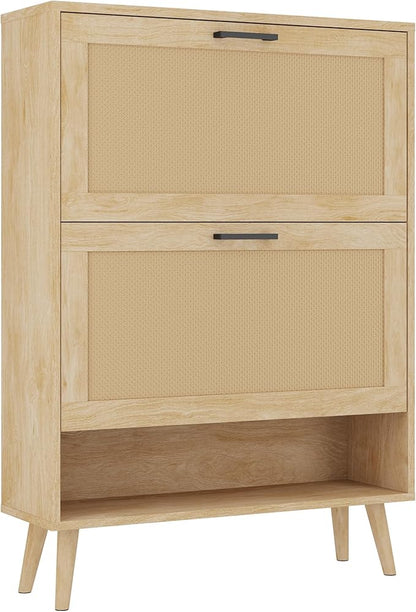 Gadroad Shoe Storage Cabinet with 2 Flip Drawers, Freestanding Shoe Organizer with Wood Legs, Farmhouse Rattan Shoe Rack for Entryway, Living Room, and Bedroom, Natural