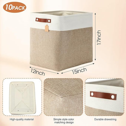 Uiifan 10 Pcs Collapsible Storage Bins Fabric Foldable Storage Basket with Handles Cloth Organizer Linen Shelf Baskets for Shelves Home Closet Nursery Toys(17 x 15 x 12 Inch,Beige and White)