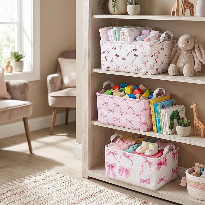 3 Pcs Pink Bow Storage Basket, Coquette Girls Rectangle Storage Bins Box with Handles, Bows and Chery Shelf Basket Ideal for Room Nursery Decor, Books, Organizing Clothes, Toys