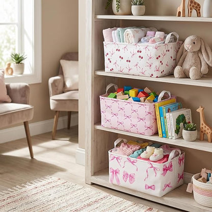 3 Pcs Pink Bow Storage Basket, Coquette Girls Rectangle Storage Bins Box with Handles, Bows and Chery Shelf Basket Ideal for Room Nursery Decor, Books, Organizing Clothes, Toys