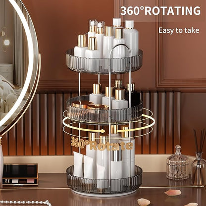 YCIA&DONE 360 Rotating Makeup Organizer and Storage for Vanity Countertop 3 Tiers, High Capacity Cosmetic Skincare Perfume Organizers for Dresser Bathroom Lazy Susan (Smoky Gray)