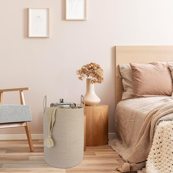 Woven Cotton Rope Laundry basket-16”X22” Laundry Hamper-Rope Storage Basket for Dirty Clothes, Toys and Blankets Perfect for Bathroom, Baby nursery and Living Room Storage (oatmeal, Large)